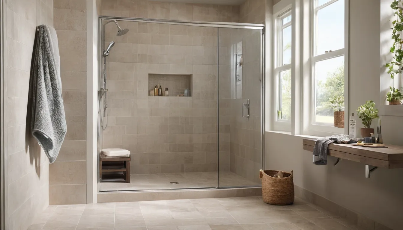 A bright, accessible walk-in shower with a built-in bench and grab bar in a Hamilton area home